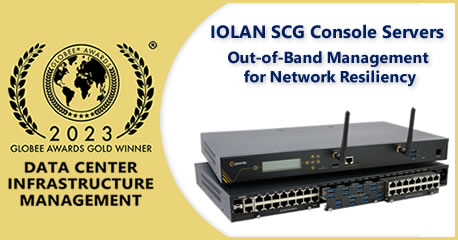 Logo del premio Globee® d'oro per la gestione dell'infrastruttura dei data center, in cui i Console Server IOLAN SCG forniscono una gestione fuori banda per la resilienza della rete