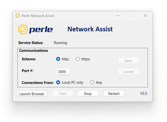 Schermata del gestore del servizio Network Assist